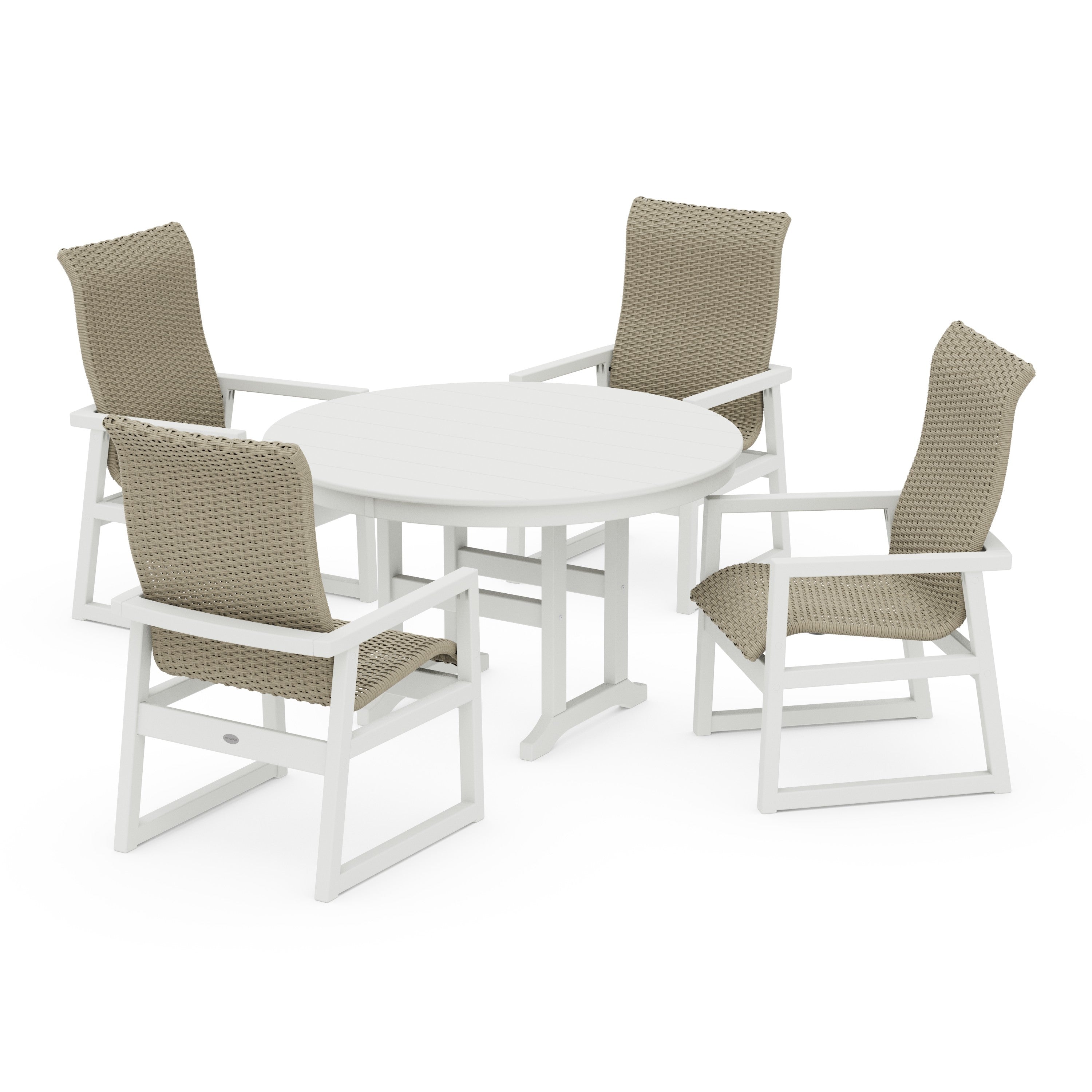 POLYWOOD® EDGE Woven Highback 5-Piece Round Farmhouse Dining Set