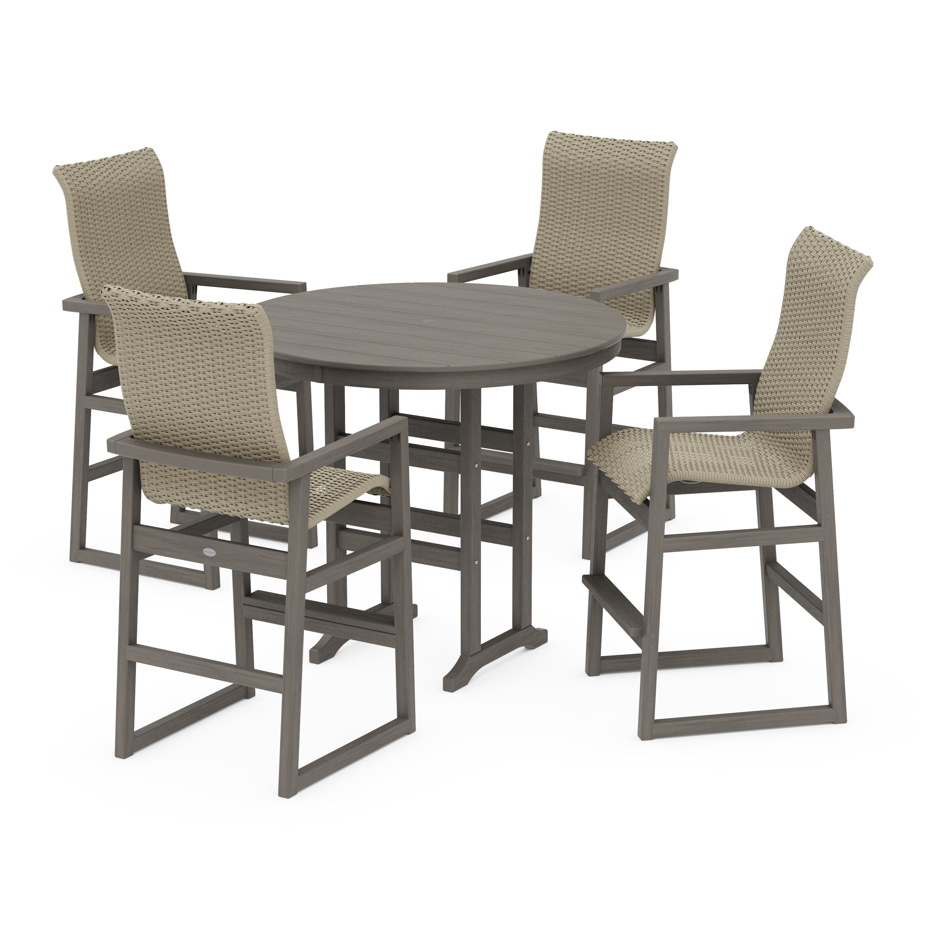 POLYWOOD® EDGE Woven Highback 5-Piece Round Farmhouse Bar Set