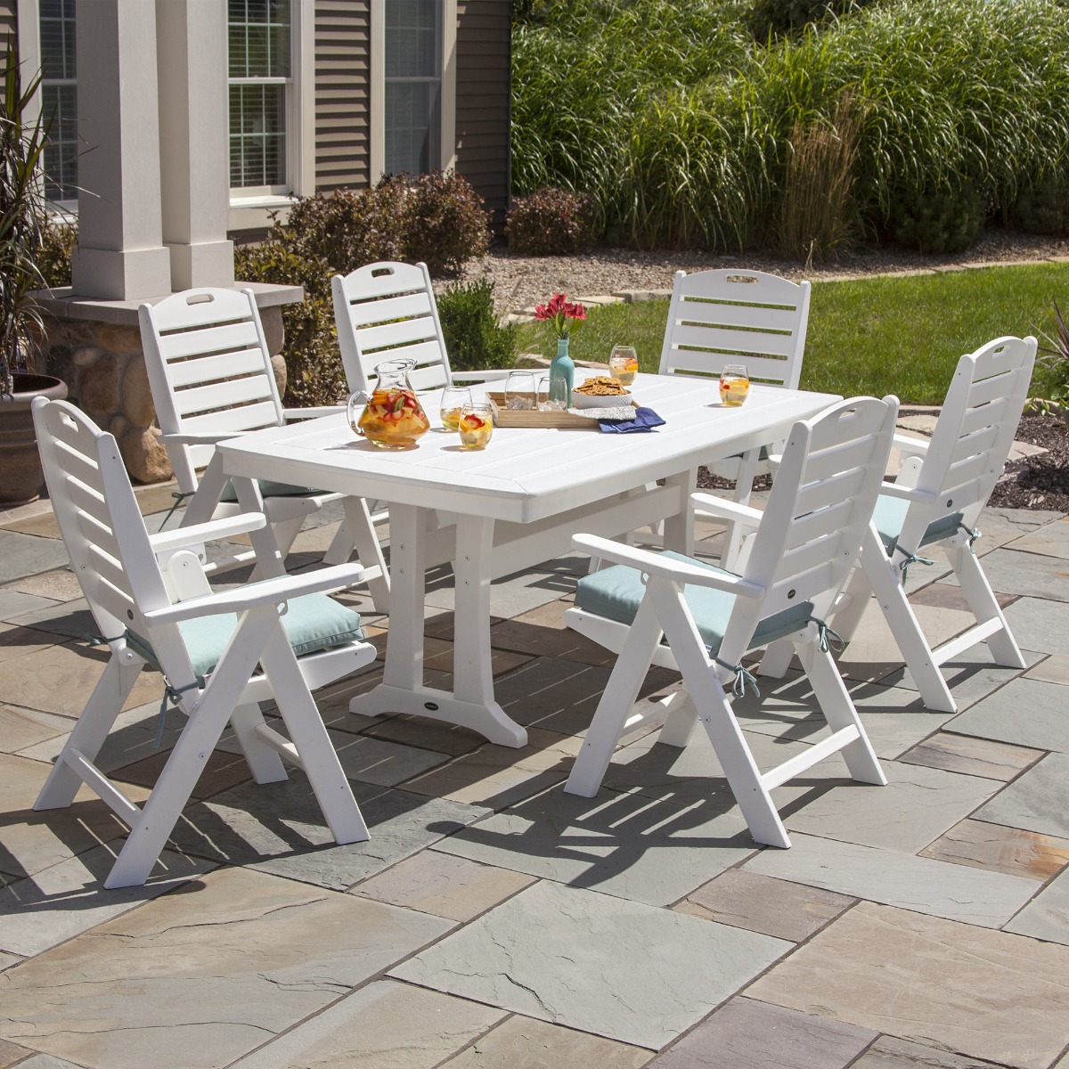 POLYWOOD® Nautical Highback Chair 7-Piece Dining Set with Trestle Legs
