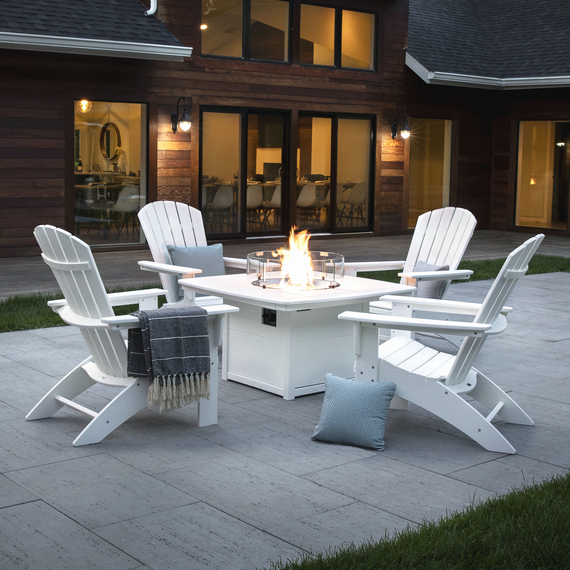 POLYWOOD® Nautical Curveback Adirondack 5-Piece Conversation Set with Fire Table